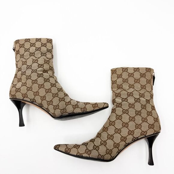 Gucci GG Canvas Ankle Boots Pointed Toe Heels Size 6.5 - Picture 7 of 12